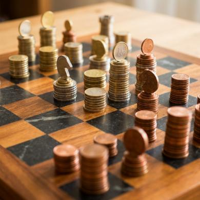 Game of chess being played with chess pieces made of Euro coins.
