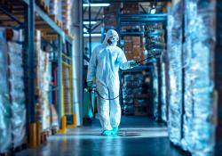 Biocides being sprayed in a storage warehouse.