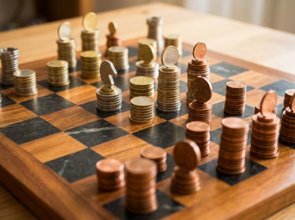 Game of chess being played with chess pieces made of Euro coins.