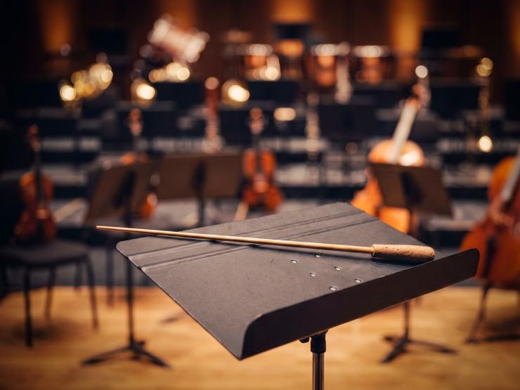 Conductor's baton in front of orchestra instruments.